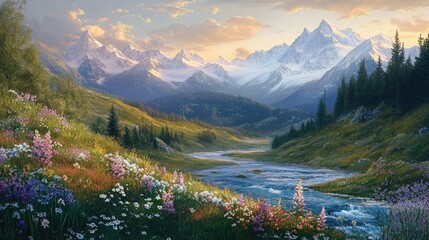 Majestic Mountain River Landscape: Serene Sunset Over Alpine Meadow