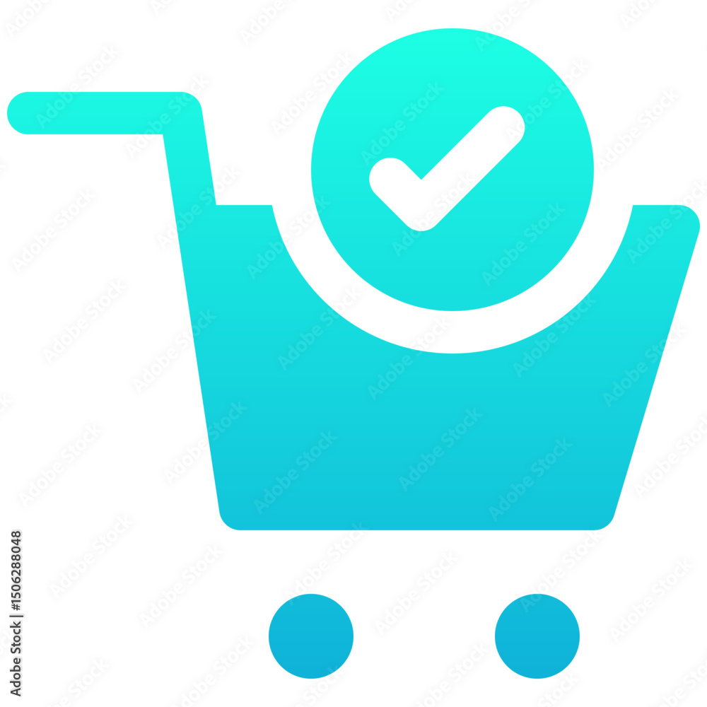 Poster shopping cart and check mark icon. trolley symbol, silhouette gradient style isolated vector icon.