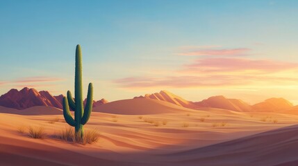 Majestic Desert Sunset: Lone Cactus Silhouette Against Vibrant Sky