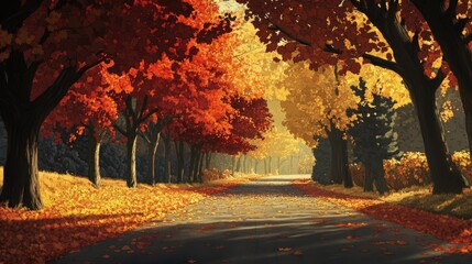 Autumnal Road: A picturesque lane lined with vibrant red and gold foliage, bathed in the warm glow of sunlight, creates a serene and idyllic autumn scene.