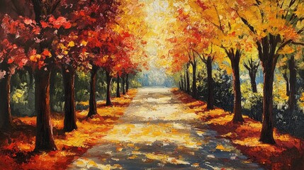 Autumnal Pathway: A Vivid Oil Painting of a Sunlit Road Through Colorful Trees