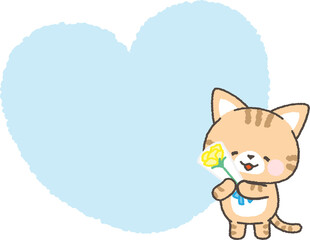 黄色いバラの花束を持ったと茶トラネコとハーフレーム