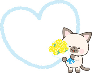 黄色いバラの花束を持ったシャムネコとハートフレーム