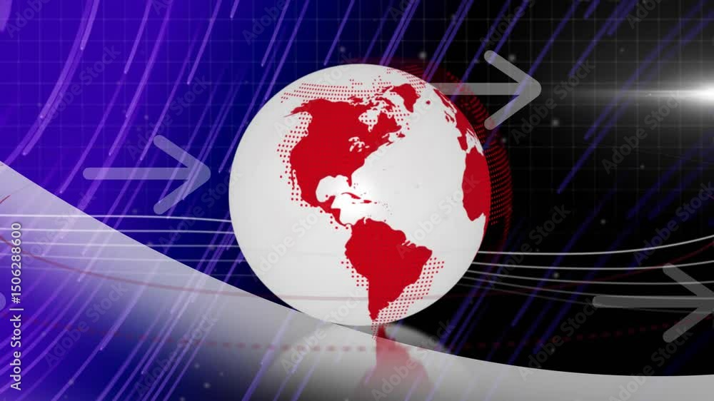 Poster on start rotating white globe red continents clockwise over purple grid sliding arrows showing data