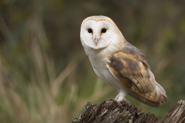 a barn owl perched on a tree stump