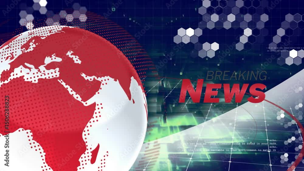 Poster red dot pattern sweeping map, forming spinning globe while data pulsing, introducing breaking news