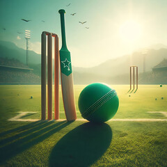 bat and ball  in a cricket ground with beautiful background