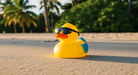 Obraz premium Yellow rubber duck wearing black sunglasses on sunny tropical beach sand