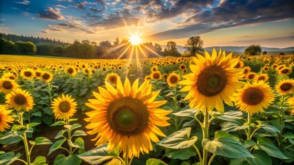 Obraz premium Sunflowers stretch across a field, bathed in the warmth of the sun's rays.