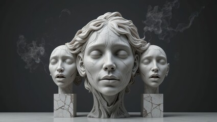Obraz premium Abstract Sculpture of Three Human Heads with Intricate Designs and Monochrome Texture