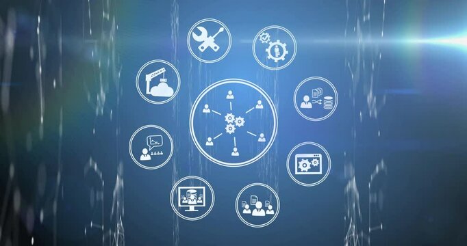 On start two gears merging, users linking, icons spinning, forming service network diagram