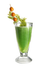 Glass of green bloody mary cocktail with celery and physalis berries on white background