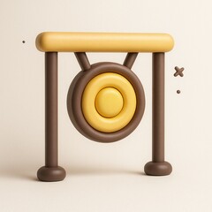 Yellow and brown gong on stand, suitable for musicrelated designs, Asian culture themes, or traditional instrument visual needs.