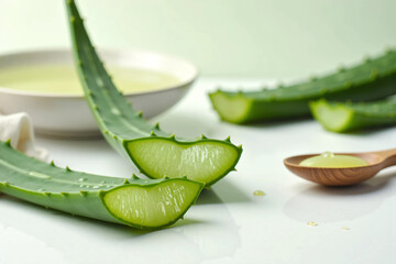 Fresh Aloe Vera Leaf Cut Open with Transparent Gel, Water Droplets on the Surface, Placed on a Clean Stone Base with Soft Lighting and Minimal Background for Natural Skincare and Wellness Product 