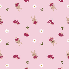 Vector pattern of fabric, wallpaper, wrapping paper, mats and bed sheets. Continuous and repeatable. Designed with rabbits, mushrooms and flowers. Cute style.