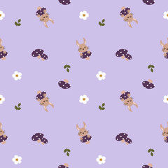 Vector pattern of fabric, wallpaper, wrapping paper, mats and bed sheets. Continuous and repeatable. Designed with rabbits, mushrooms and flowers. Cute style.