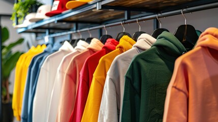Fototapeta premium Rows of colorful hoodies neatly arranged on a rack, demonstrating variety and organization in retail apparel.
