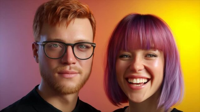 A man with short red hair and glasses wearing black and a woman with a purple-pink bob haircut and bangs