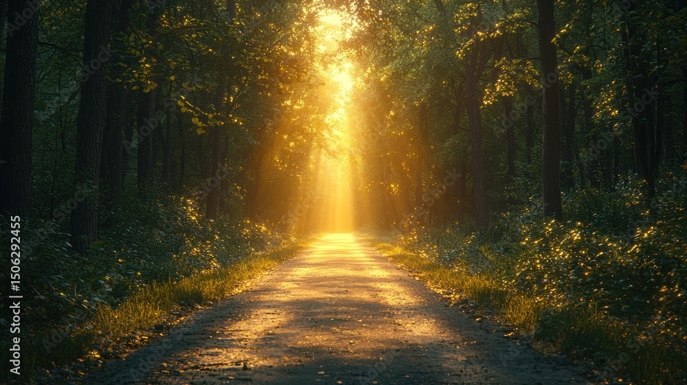Poster forest path with golden light beams shining through the trees