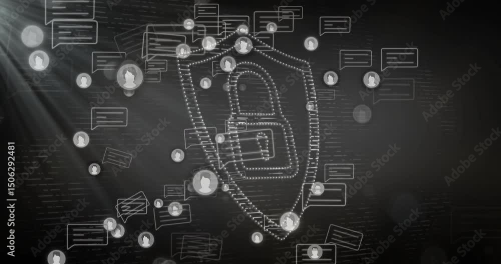 Poster chat-bubble outlines, user-avatar icons drifting sparking shield forming padlock securing messages