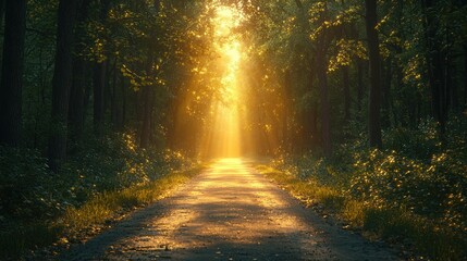 Fototapeta premium Forest Path with Golden Light Beams Shining Through the Trees