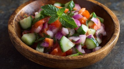 Fresh vegetable salad in a wooden bowl, vibrant and natural ingredients arranged with care, celebrating wholesome and healthy eating.
