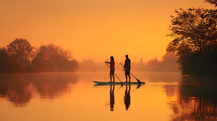 couple paddleboarding on calm lake at sunrise