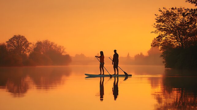 couple paddleboarding on calm lake at sunrise