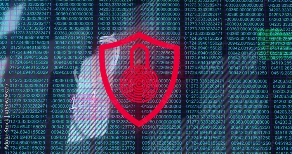 Poster scrolling code starting pulsing scanning ring circling shield target marking fingerprint validation