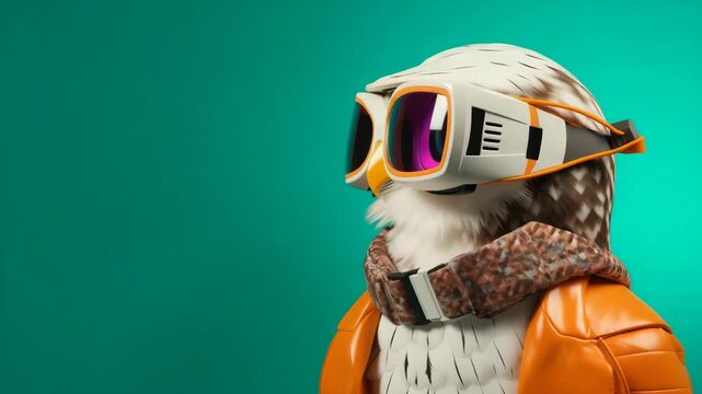 cool owl with fun goggles, an orange jacket, and stylish scarf against vivid teal backdrop