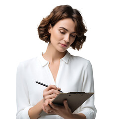 Woman in white shirt writing on clipboard with pen looking down in studio with transparent background