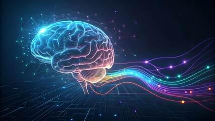 Futuristic glowing brain with colorful data streams and neural network
