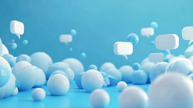 The  showcases an abstract scene filled with white spheres and floating speech bubbles against a soft blue background, creating modern airy look.