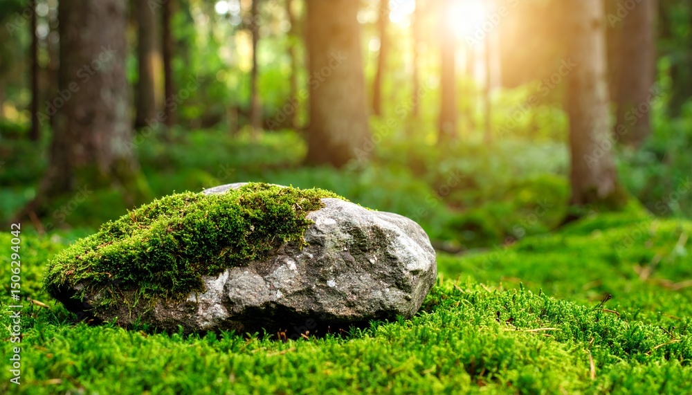 Poster close-up of a moss-covered rock in a lush green forest with sunlight filtering through the trees cre