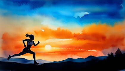 Silhouette of a woman running against the sunset, illustration background with watercolor texture