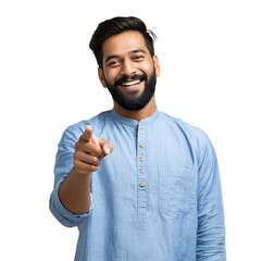 A smiling man with a beard wearing a light blue kurta pointing his finger towards the viewer on black background on transparent background