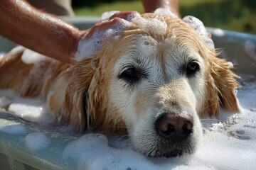 Golden retriever enjoying outdoor bath with soapy water on sunny day.