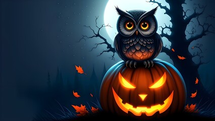 Mysterious Owl on a Jack-O-Lantern | Super detailed realistic illustration for Halloween theme