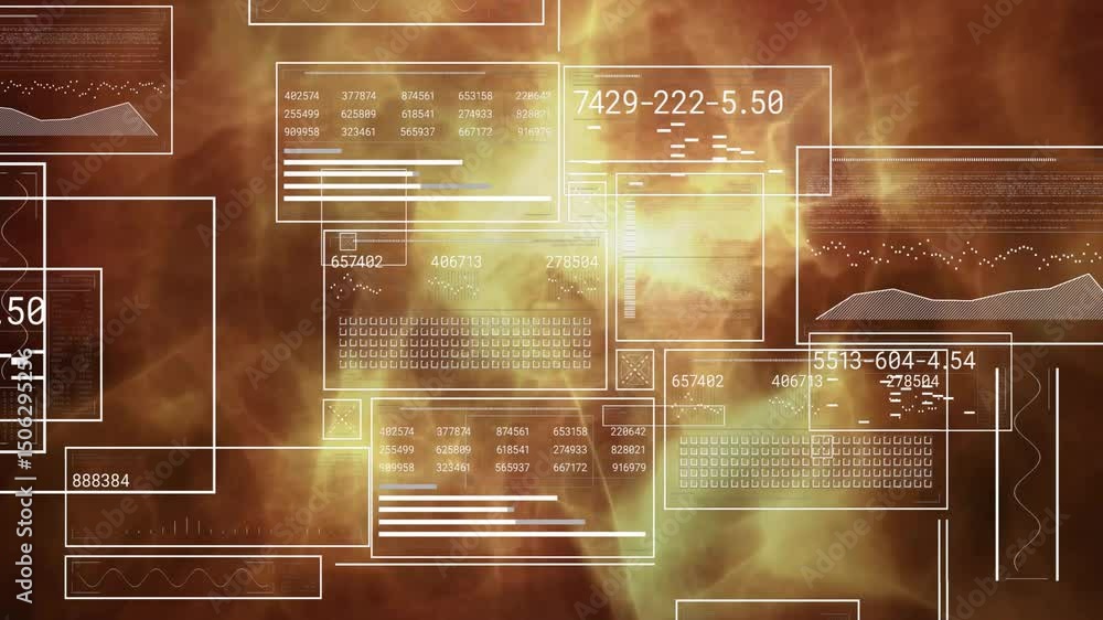 Aufkleber data feed initiating panels loading numeric values, outlines fading while reticle cycling triplets