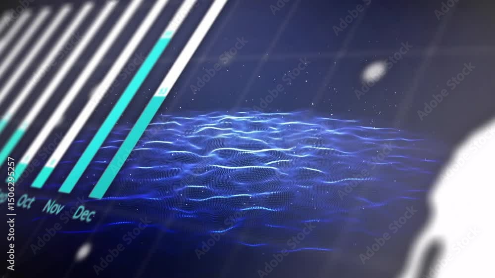 Poster opening grid sending bar chart emerging while wave flowing elements converging into unified display