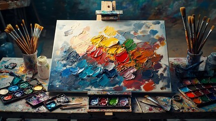 Obraz premium Colorful Impasto Painting in Artist Studio