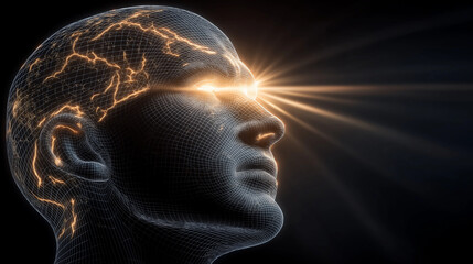Obraz premium Radiant Mind: A stylized head, rendered in a network of glowing lines, emits a brilliant light from its eyes, symbolizing enlightenment, knowledge and inner power.