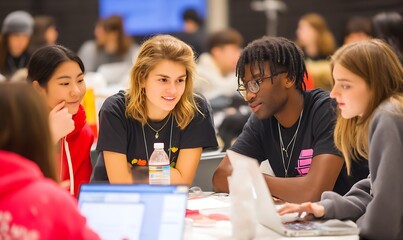 Diverse students participating in a hackathon for tech impact