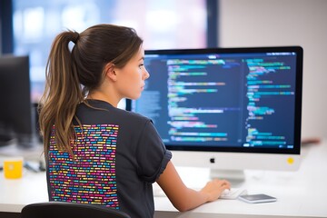 Fototapeta premium Female coder working on computer in tech startup office