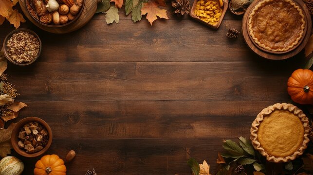 Autumnal thanksgiving feast wooden tabletop background featuring pumpkins pies nuts and fall leaves