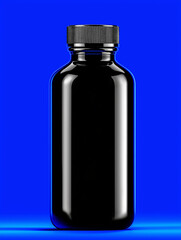 Elegant Black Bottle on Blue: A sleek, glossy black bottle stands in stark contrast against a vivid blue backdrop, its design radiating sophistication and mystery.