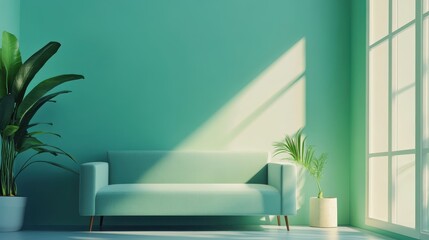 Mint green living room with a sofa and plants.
