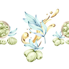 Olives and olive oil in watercolor style featuring seamless pattern border and frame highlighting the beauty of Italian cuisine and nature