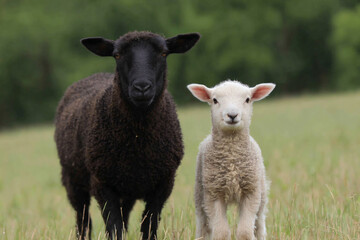 Obraz premium a sheep and a lamb standing in a field