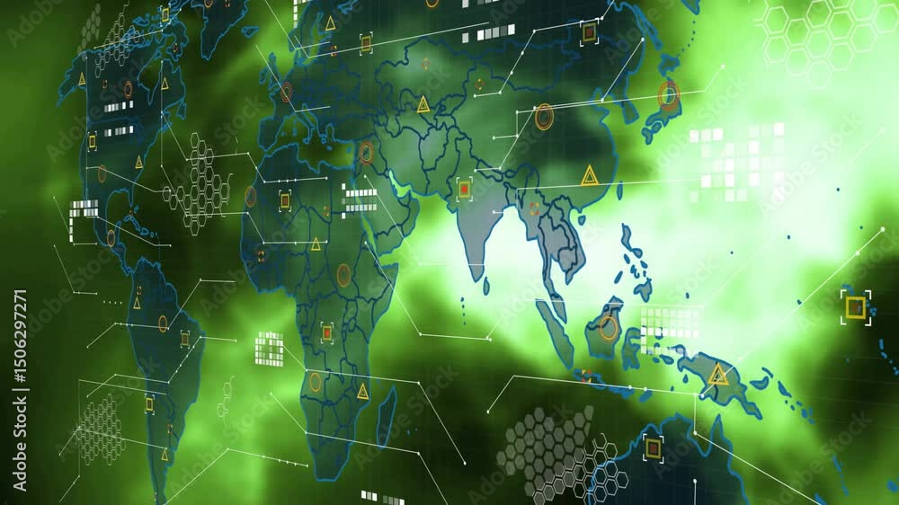 Poster emerald-green mist swirling revealing wireframe map with data panels and lines visualizing network